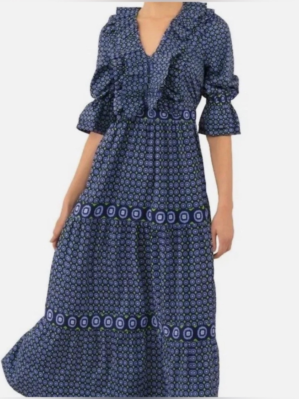 Gretchen Scott Blue Geometric Print Maxi Ruffle Trim Dress Party Dress